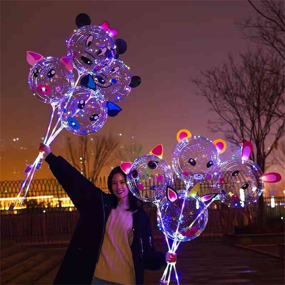 

100PCS/NEW with stick LED Luminous Balloon Bobo Ball with cartoon animal face sticker party balloons night light colorful lamp lights for pa, As show
