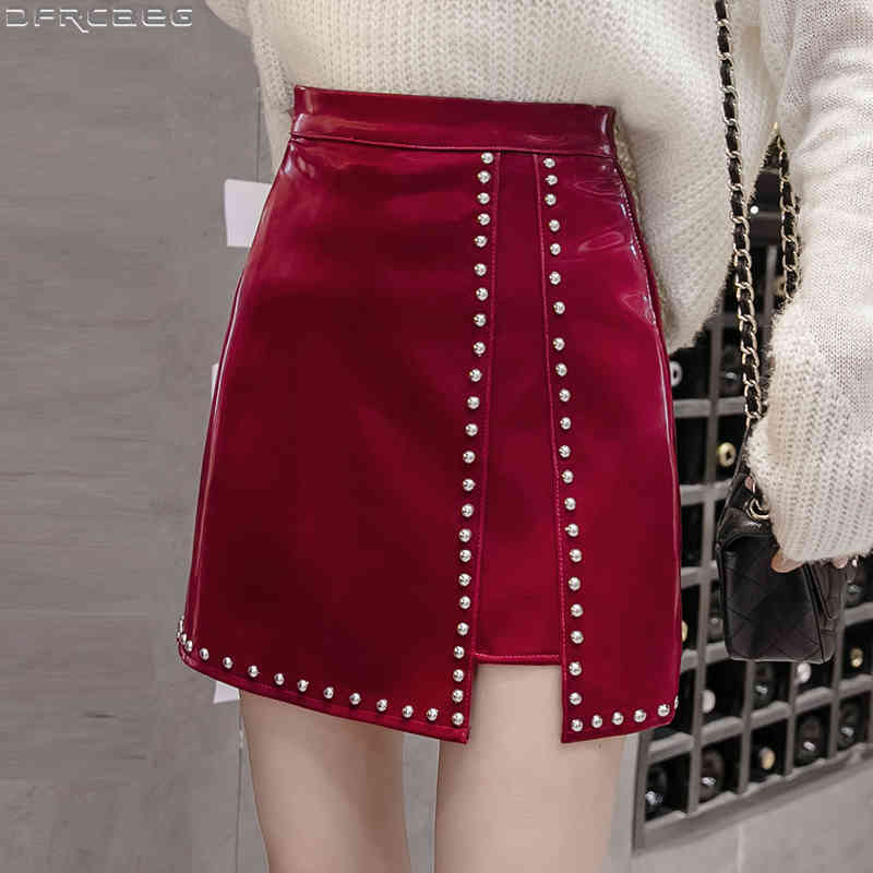 

Casual Dresses Fashion Slit Rivet Leather Skirt For Women Autumn Winter Black Green Red Short s High Waist Bright Latex A-line Z25