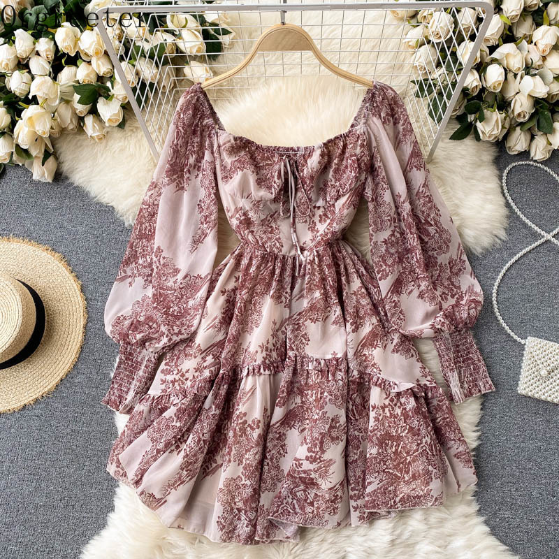 

Summer Retro Print Chiffon Beach Dress Vestidos Female Square collar Backless Bubble Sleeve Elastic Waist Ruffled Mini 210525, Photo color