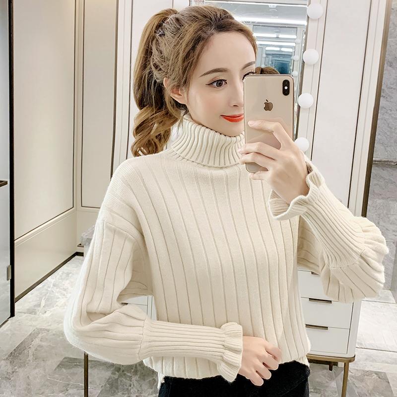 

Women's T-Shirt 2021 Autumn And Winter Korean Style Fashion High Collar Solid Color Bell Sleeve Pullover Slim Bottoming Sweater, White
