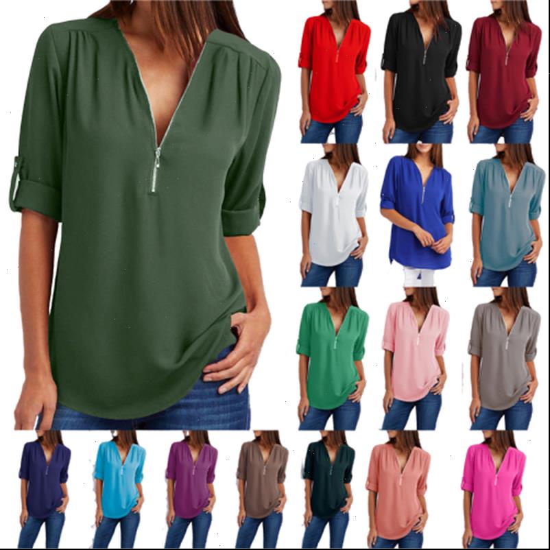 

women t shirts big size 4xl 5xl chiffon v neck zipper irregular loose casual spring summer plus tee, White