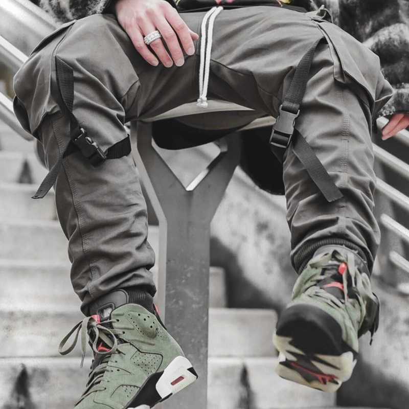 

Muscle fitness leisure sports pants men's slim fit running training jogging Multi Pocket overalls, Khaki