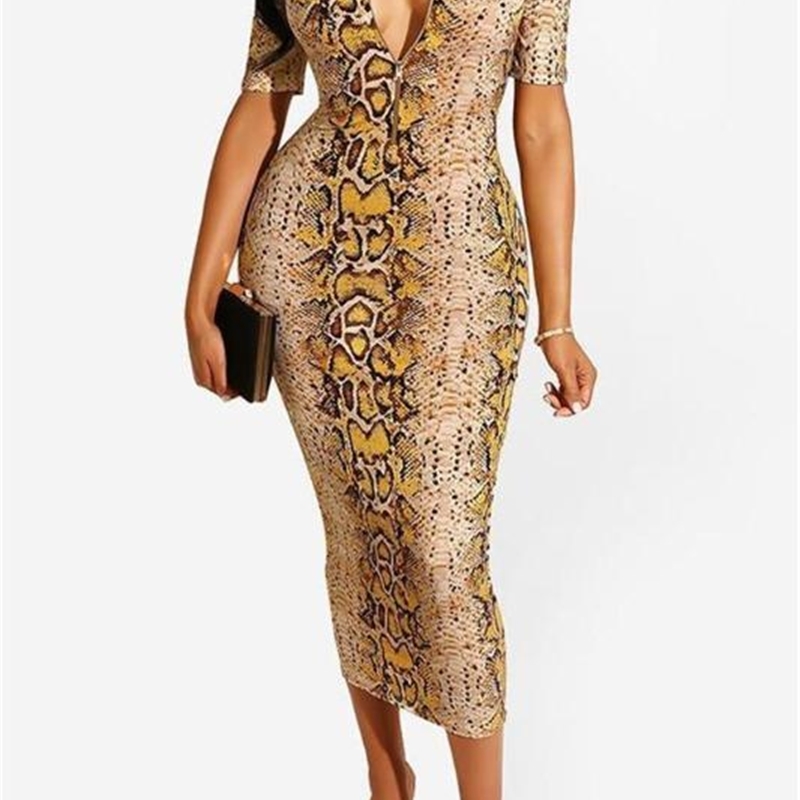 

Printed Womens Bodycon Dress Summer V Neck Long Sleeve Club Party Dresses Female Clothing Sexy Snakeskin Grain, White;black