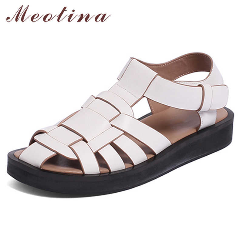 

Meotina Gladiator Shoes Women Natural Genuine Leather Sandals Flat Platform T-Strap Shoes Round Toe Ladies Footwear Summer Black 210608