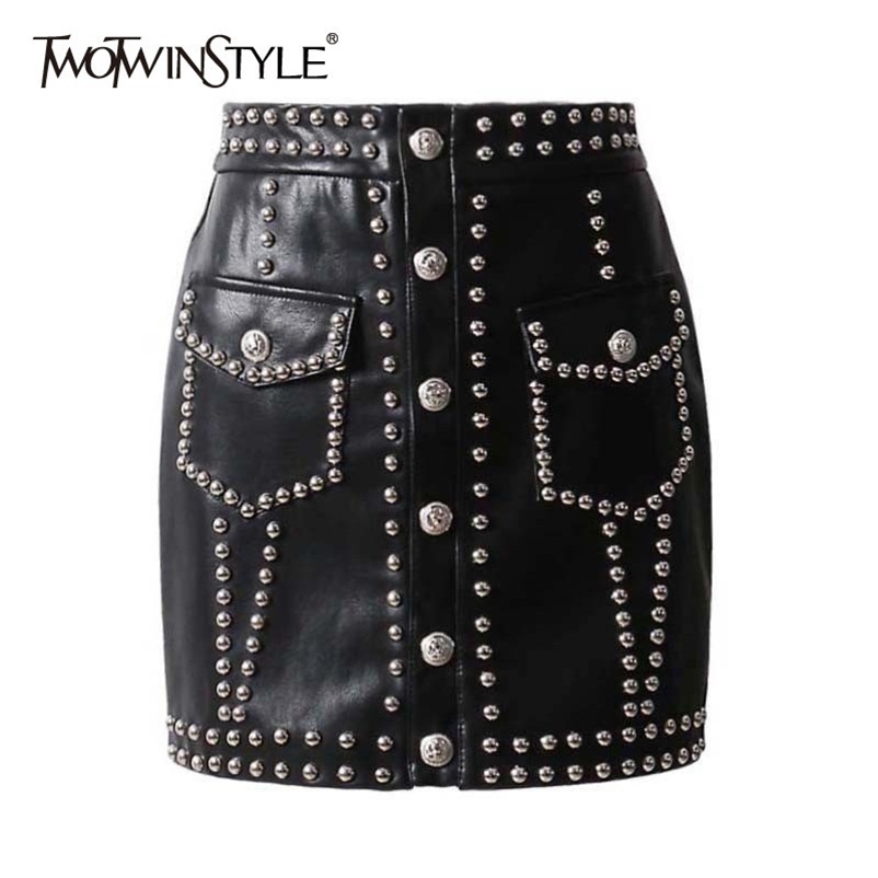 TWOTWINSTYLE Heavy Rivets PU Leather Skirts High Waist Single Breasted Mini Skirt For Women Punk Style Spring Fashion 210412Z