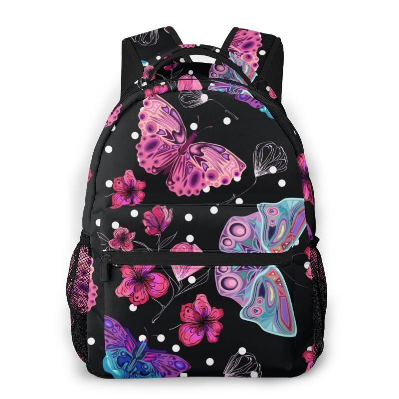 

Backpack Women Fashion Male Travel Mens Bag Large Laptop Shopping Pink Flower Butterflies Dark Print, Black