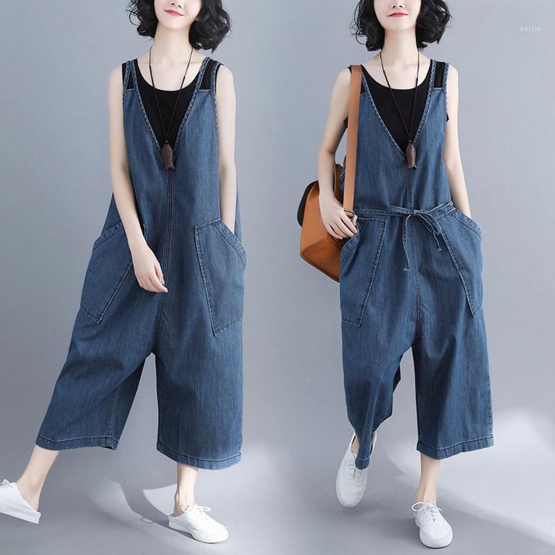 

Women's Jumpsuits & Rompers #4025 Spring Autumn V-neck Sleeveless Woman Jean Jumpsuit Solid Loose Overalls Ladise Fashion Wide Leg Big Size, Black;white