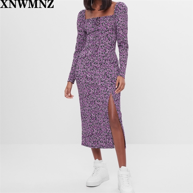 

Women Elegant Floral midi dress Lady Long Sleeve Side split back elastic Dress Vestidos Mujer 210520, Purple