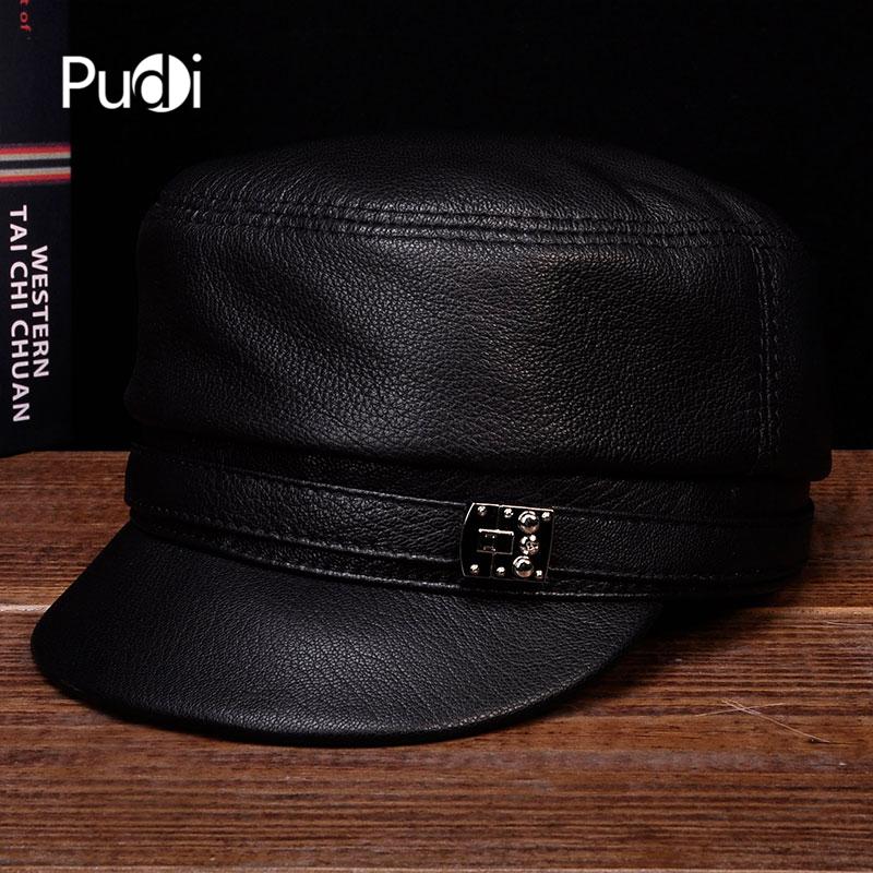 

Berets Pudi Men Women Beret Hat Geunine Leather Unisex Bucket Caps HL105, Brown
