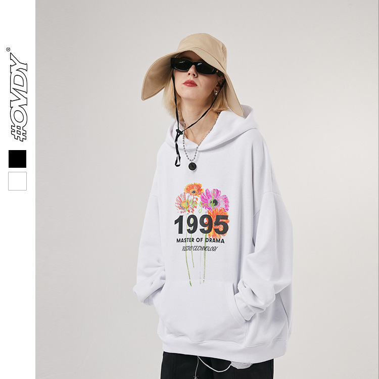 

wxwovdy men's 2021 autumn winter new fashion brand simple and versatile 1995 digital printed loose hooded sweater, Black