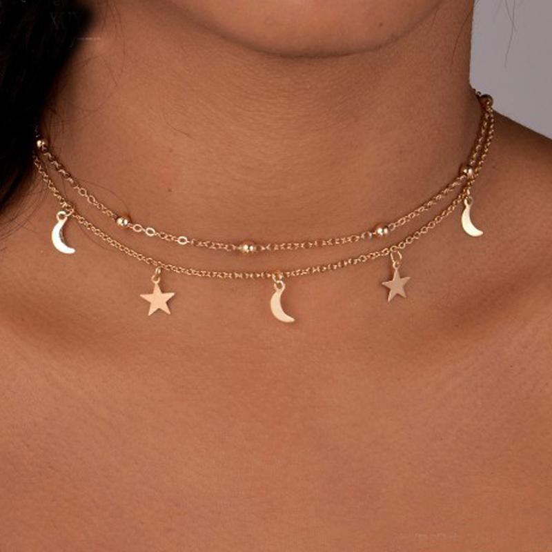 

Fashion Wholesale Price Jewelry 2 Layer Star Moon Choker Necklace Nice Gift For Women Girl Pendant Necklaces