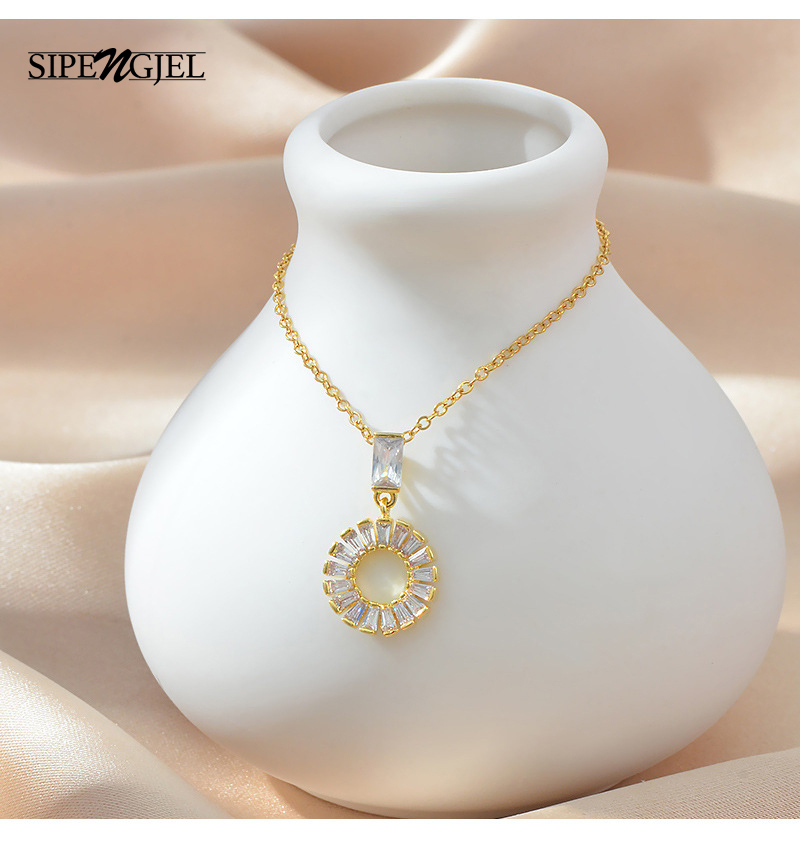 

SIPENGJEL Fashion Geometric Circle Round Pendant Neckalce Square Crystal Chore Necklace For Women Jewelry 2021