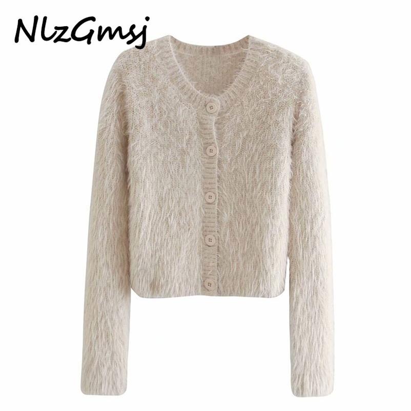 

Autumn Winter Women Fur Knitted Cardigan Sweater Jumper Vintage Long Sleeve Button-up Female Outerwear 210628, As picture