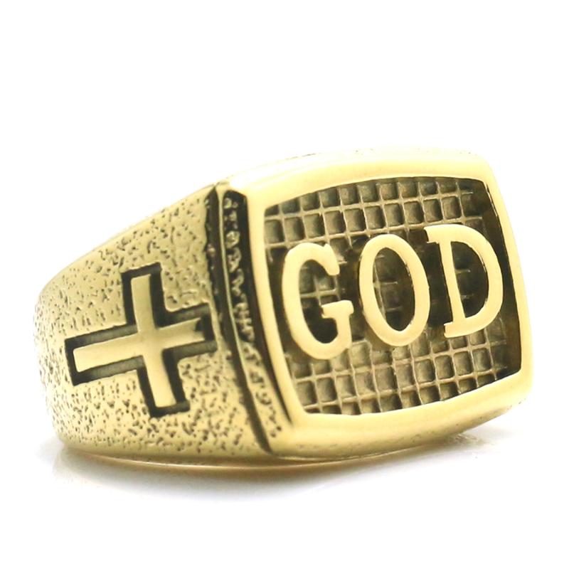 

Cluster Rings Men's 316L Stainless Steel Cool Gold-Color Cross GOD Jesus Christ Ring Est