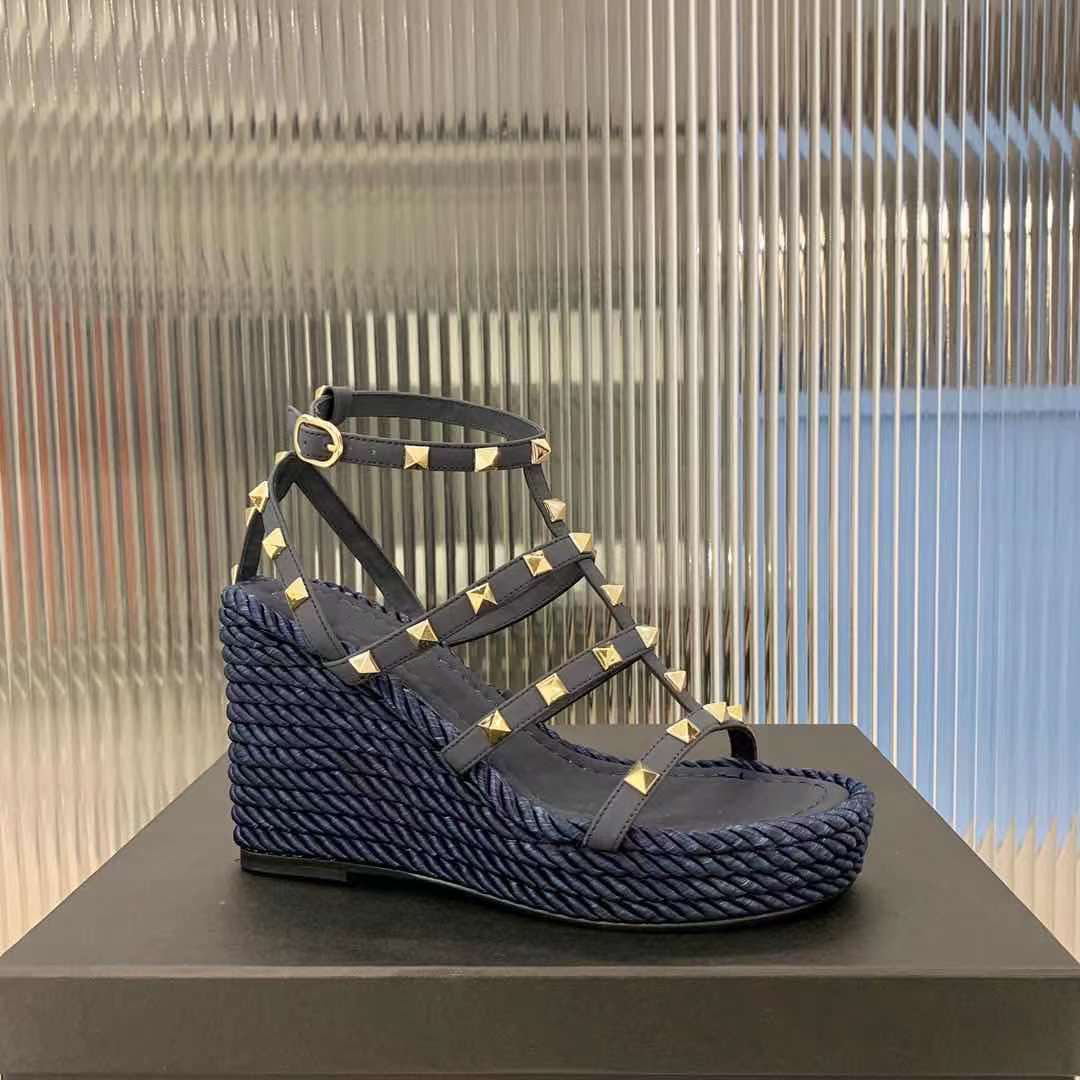 

Roman Classic women's slope heel sandal strap combination design rivet decorative hemp rope woven sole size 35-40, Multi