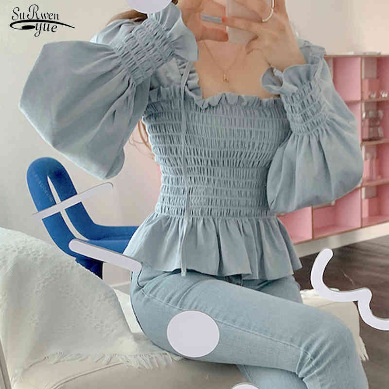 

French Retro Elegant Wind Sweet Ruffle Tops Bubble Sleeve Lantern Strap Waist Princess Shirt Blusa Mujer 13702 210521, Blue