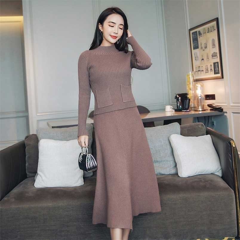 

Women's Sweater Set Knit Sweater Skirt 2 Piece Set Seductive Stand Collar Two-piece Long Sleeve Thicken Sweater Dress 211109, Apricot