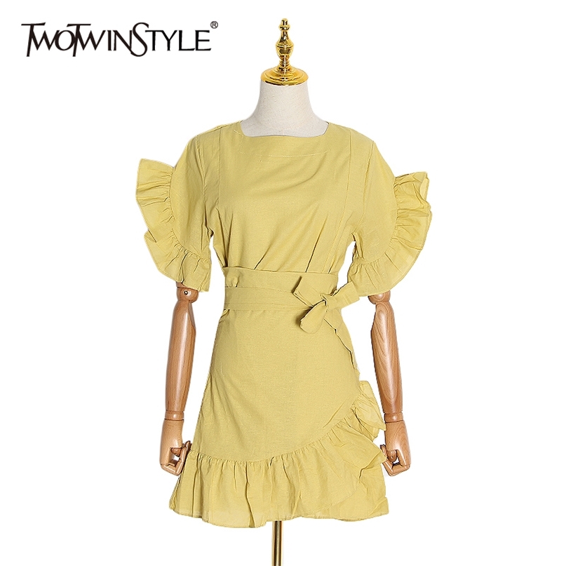 

Patchwork Ruffle Bowknot Dress For Women O Neck Short Sleeve High Waist Mini Dresses Female Summer Fashion 210520, Yellow