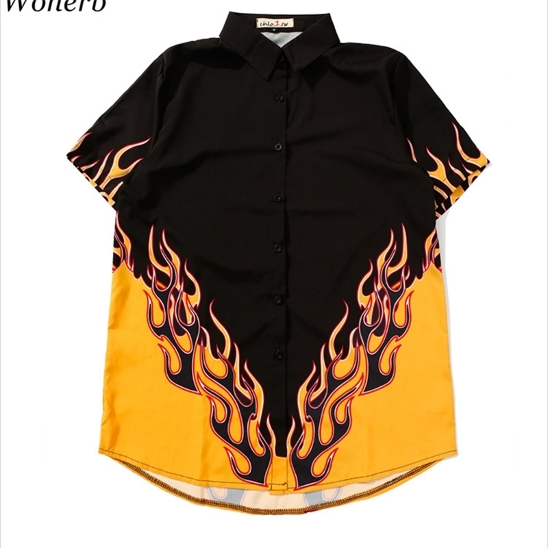 

Chic Girls Harajuku 3D Flame Printed Shirts Lapel Loose Blouses Short-sleeved Cardigan Single-breasted Tops Streetwear 210519, Black