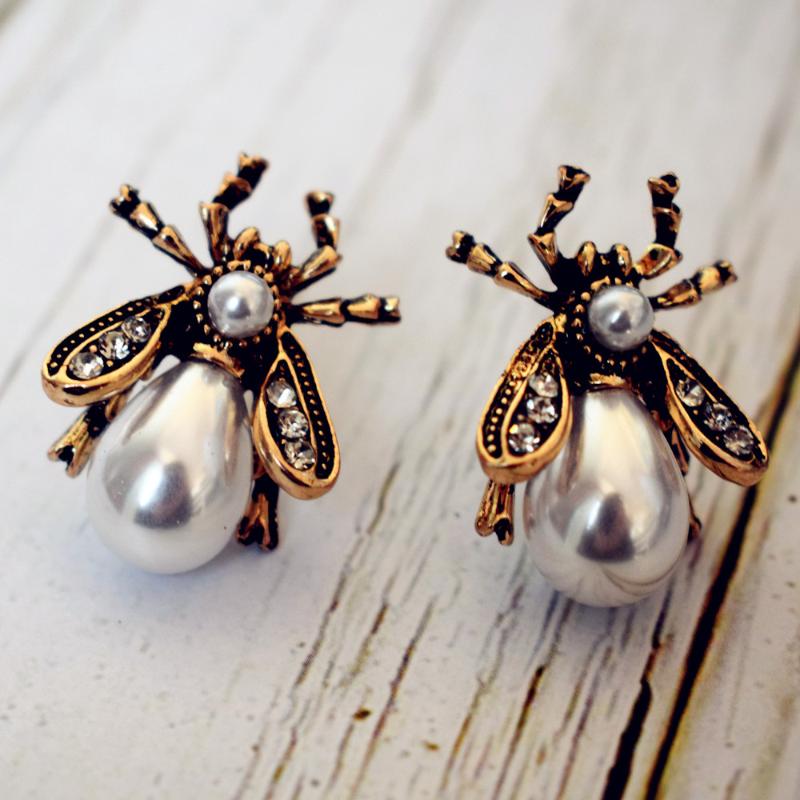 

Stud Vintage Alloy Pearls Bee Spider Insect Earrings For Women Jewelry Fashion Girls Ear's Collection, Golden;silver
