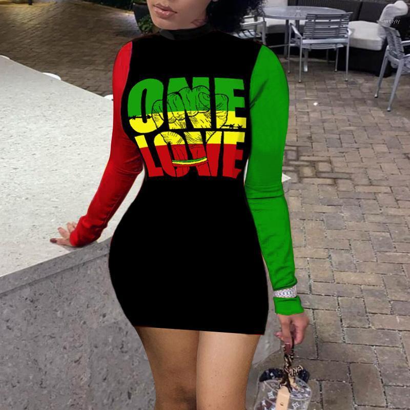 

Fashion Women Long Bodycon Mini Dress Letters Print Patchwork Skinny Dresses Casual, Black