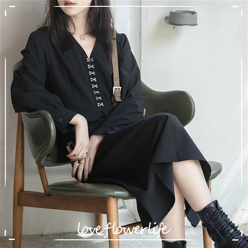 

Elegant Dress Women V-Neck Long Sleeve Casual Dress Korean Hepburn Black Vintage Dress Female Autumn Office Lady 210521