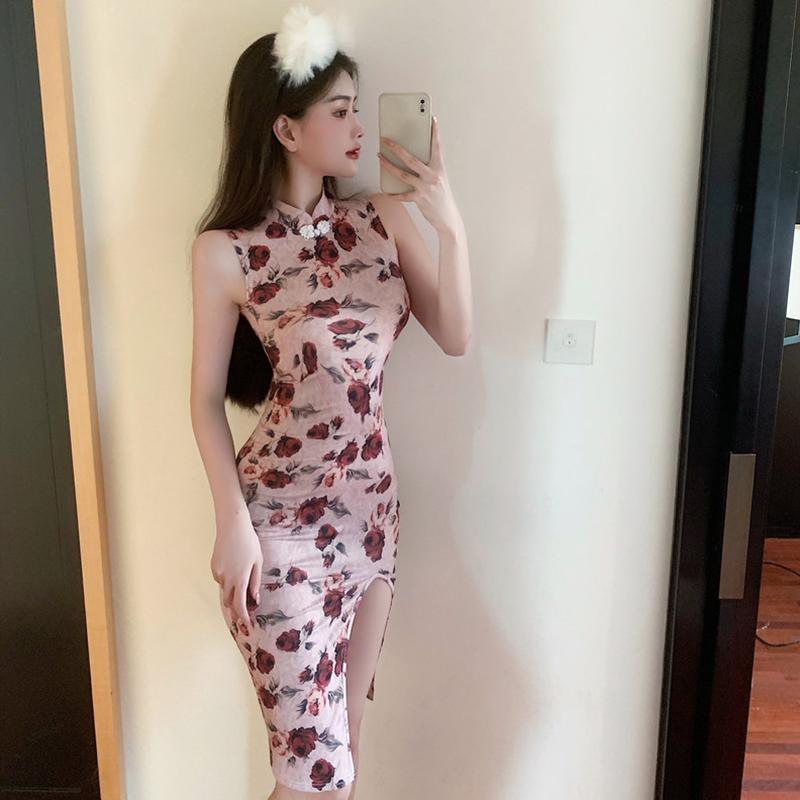 

Ethnic Clothing 2021 Flower Print Sleeveless Party Cheongsam Oriental Evening Dress Chinese Traditional Womens Elegant Qipao Sexy