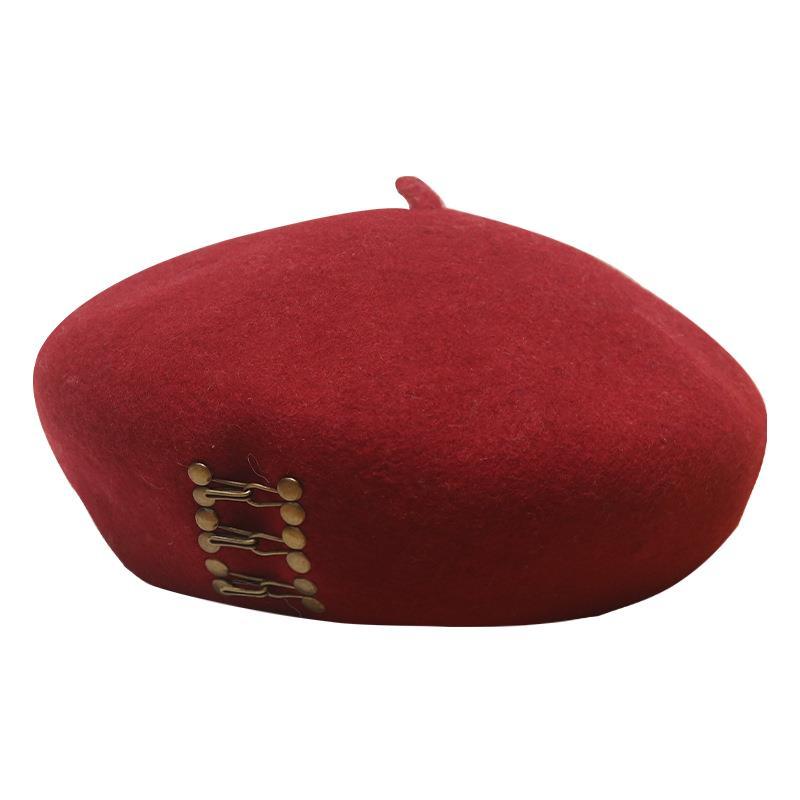 

Berets Autumn Winter Vintage Women's Three Copper Buckles Beanies Retro Thick Wool French Artist Warm Plain Beret Caps, Cream