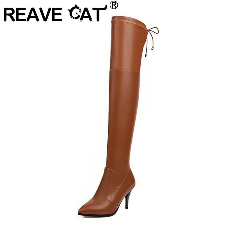 

Boots REAVE CAT 2021 Over The Knee Stretch Zip Lace Up Pointed Toe 8.5CM Rhinestone Thin Heel US13 Silver Apricot Yellow A4441, Black