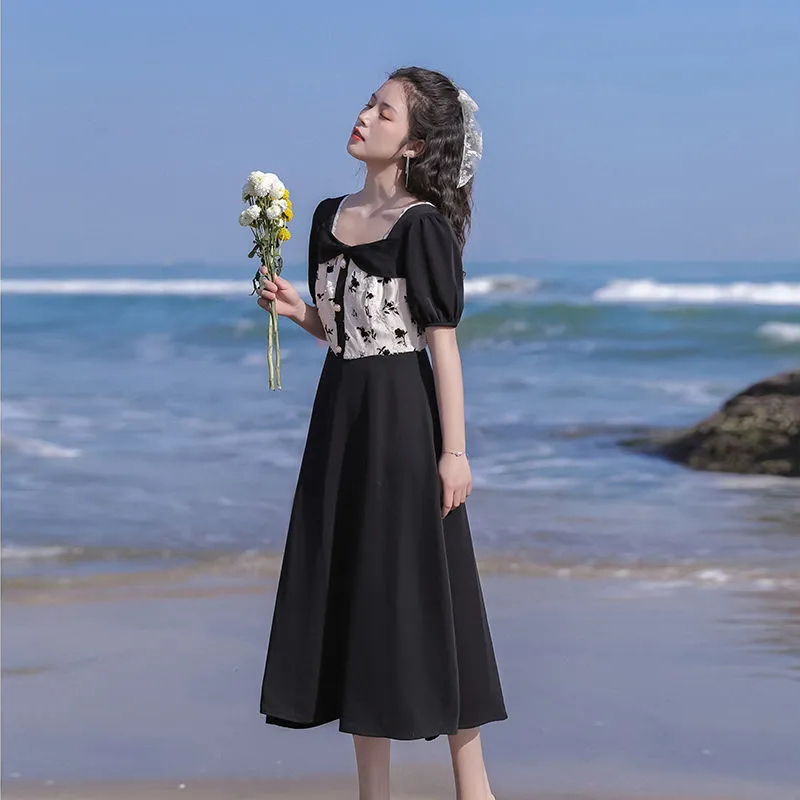 

Summer Dresses Women Black Square Collar Puff Sleeve Vintage A-line Dress Female Print Korean Clothing Vestidos 210517
