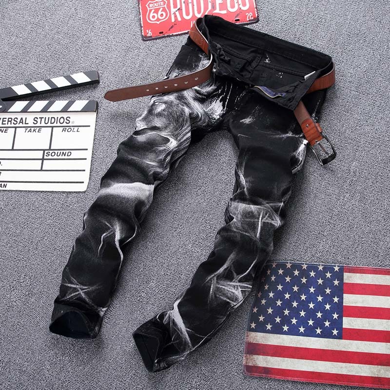 

Men Printing casual Runway elastic jeans denim pants Washed high quality, T-919