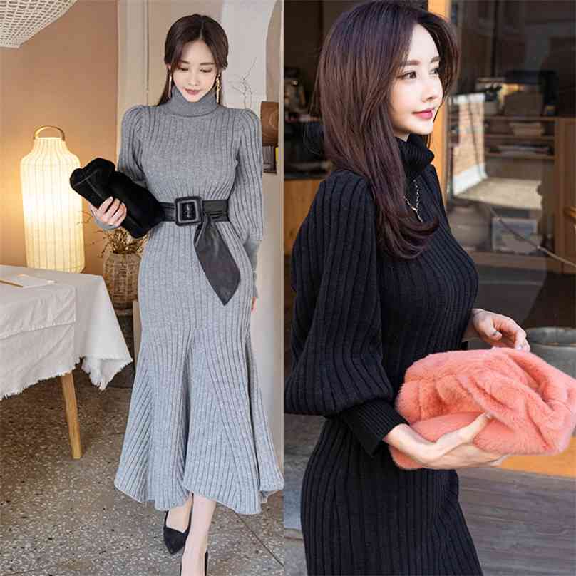

Winter han edition cultivate one's morality dress knitted turtleneck lantern sleeve fish tail hair 210602, Gray