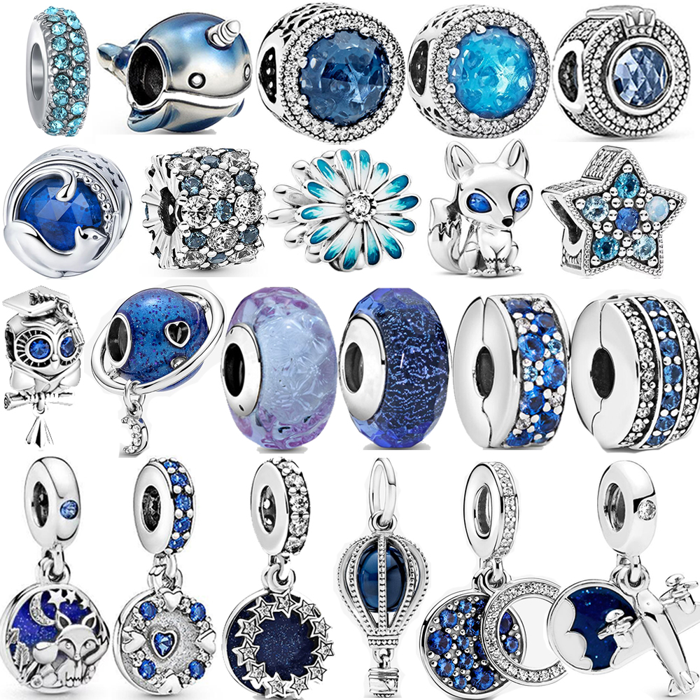 

100% 925 Sterling Silver Spring Blue Dangle Charms Fit Original Pandora Bracelet DIY Jewelry
