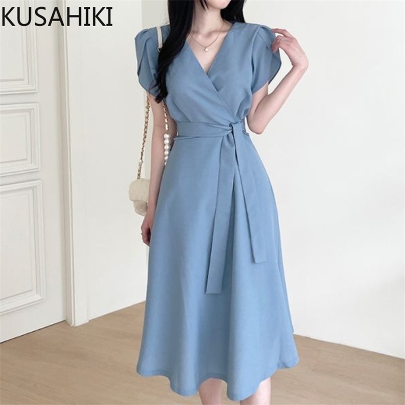 

Chic Korean Lace Up Slim Waist Dresses Short Sleeve V-neck Woman Dress Elegant Vestido De Mujer 6J715 210603, Blue