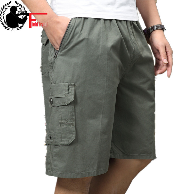

Big Size Shorts Men Cargo Summer Zipper Multi Pocket Loose Bermuda Male Baggy Cotton Elastic Waist Capris Plus Xxxl 4XL 5XL 210518, Naturals