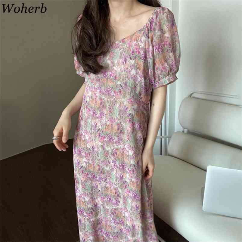 

Floral Printed Square Collar Dress Women Summer Short Sleeve V-neck Elegant Dresses Vintage Beach Vestidos Femme 210519, Apricot
