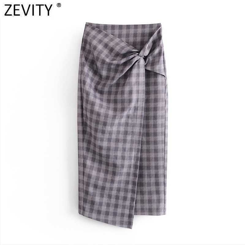 

Zevity Women Vintage Plaid Print Knotted Draped A Line Skirt Faldas Mujer Female Split Vestido Back Zipper Slim Skirts QUN718 210603, As pic qun718wf