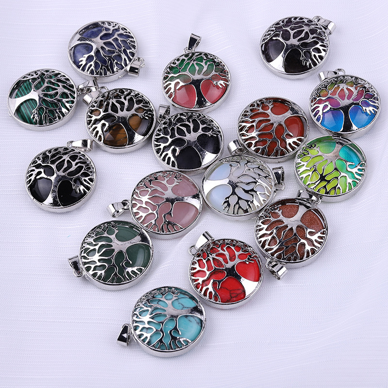 

Natural Stone Hollow Tree of Life Pendant Pink Tiger's Eye Healing Crystal Charms Rose Quartz for Necklace Jewelry Making Women