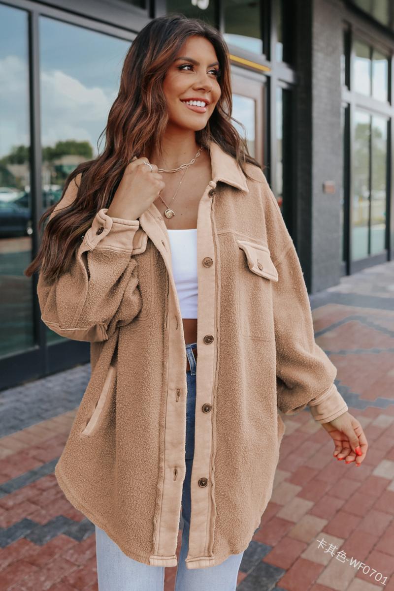 

Women's Jackets Women Coat Thin Brushed Solid Color Long-sleeved Autumn Winter Loose Casual Stitching Shirt Collar Pocket Single-breasted Ja, Black;brown