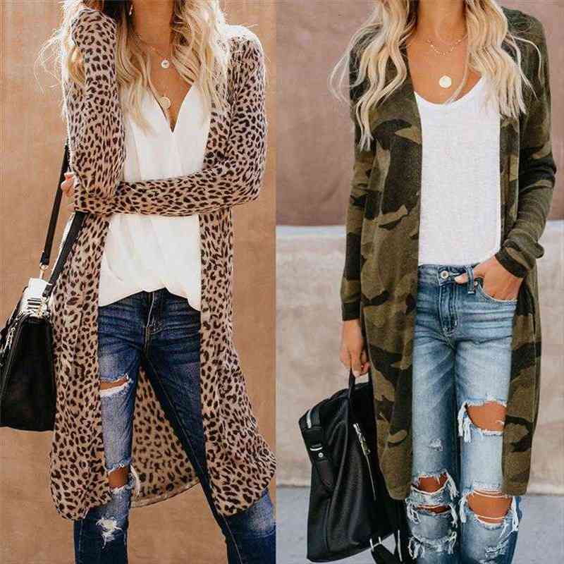 Fall Womens Sweaters Fashion Camouflage Leopard Print Long Sleeve Cardigan Coats Button Less Women Jackets Plus