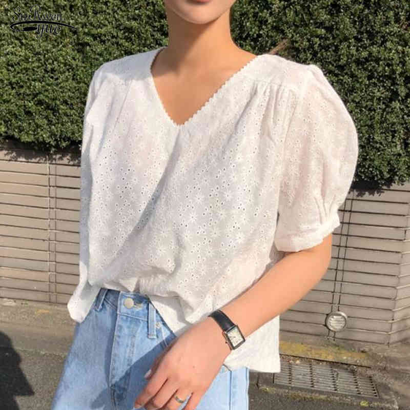 

Summer Office Lady V-Neck Floral Women Shirt Short Sleeve Hollow Out Blouse Pullover White Ladies Tops Clothing 14291 210521
