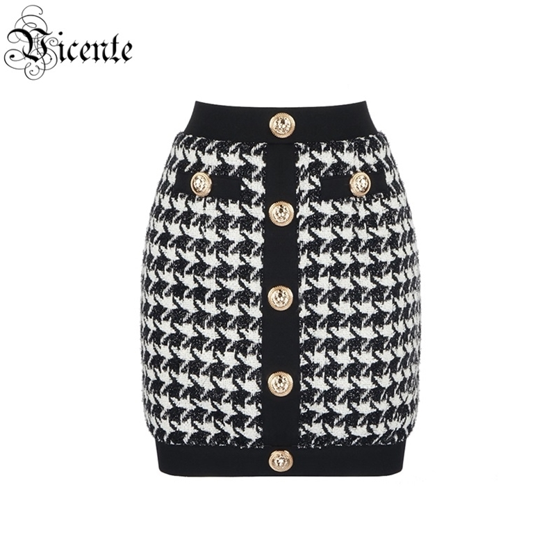 

Runway Designer Women Skirt Houndstooth Buttons Plaid High Quliaty Female 210520, Multi