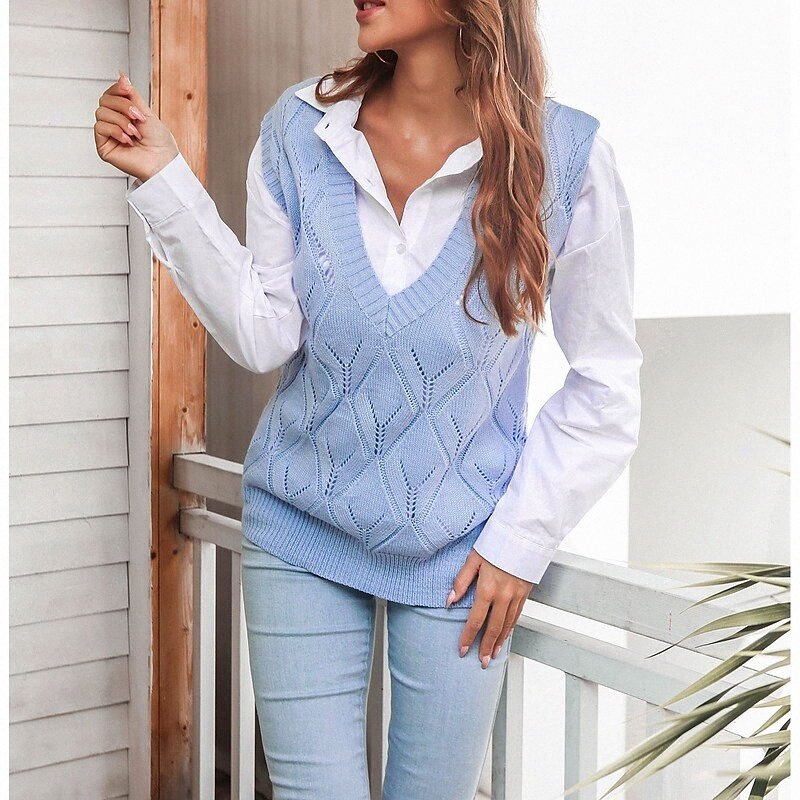 women's Pullover Vest Sweater Modern Style Solid Color Casual Sleeveless Loose Sweater Cardigans V Neck Winter Summer Blue Gray White 35ok#-image-756090668