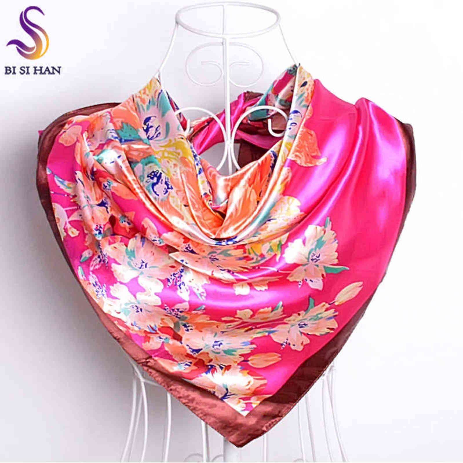 

[BYISFA] Ladies Silk Scarf Wraps Europe Style Design Satin Big Square Scarf Printed New Brand Women Blue Silk Scarf 90*90cm Y1108