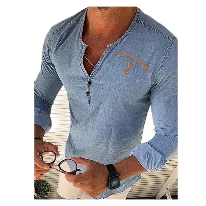 

Men' Plus Tees & Polos Printed Washed Men' Denim Shirts V Neck Hollow Out Up Casual Short Sleeve Vintage Autumn Fashion Sexy Men Tops, Blue