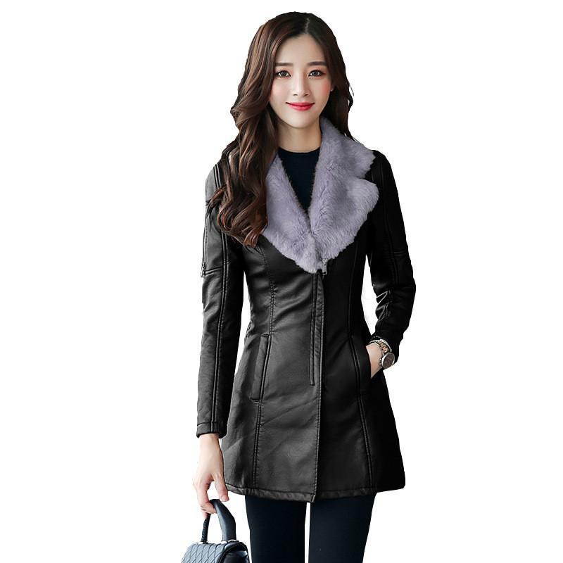 

Women's Leather & Faux Autumn Winter Jacket Flocking Thicken Warm PU Coat Natural Fur Collar Outerwear Female Slim Tops N252, Black