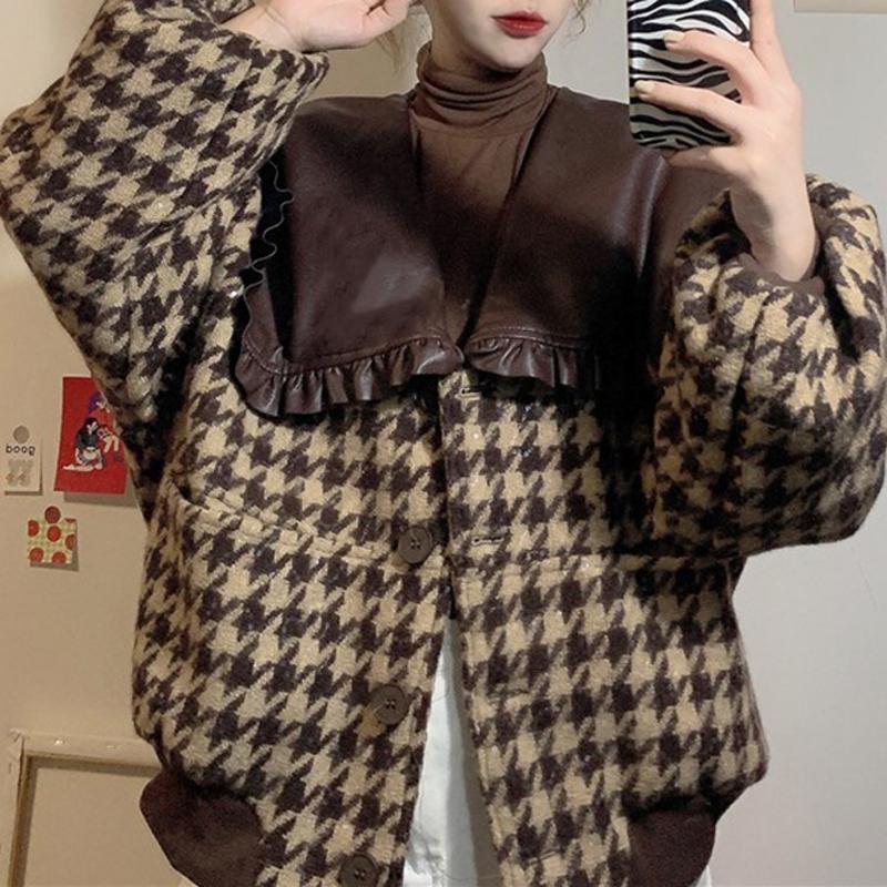 

Women' Jackets Winter 2021 Fashion Design Sense PU Leather Navy Collar Stitching Small Fragrant Tweed Houndstooth Jacket Women, Thick warm parkas