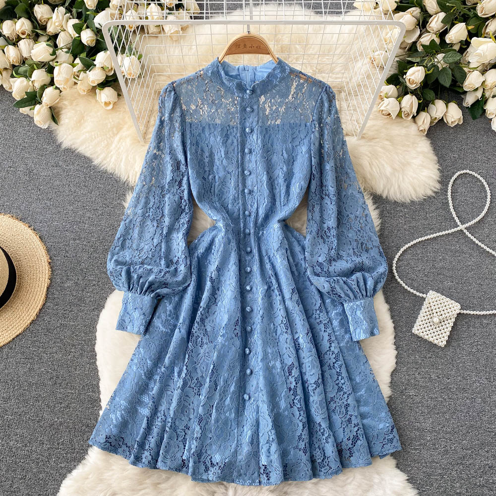 

Autumn Women Blue Lace Dress Female Elegant Stand Collar Lantern Long Sleeve Single Breasted Party Vestidos Casual Robe 2022 New