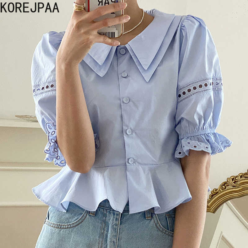 

Korejpaa Women Shirt Summer Korean Chic Temperament Double-Layer Lapel Single-Breasted Hollow Puff Sleeve Ruffle Blouses 210526, Blue