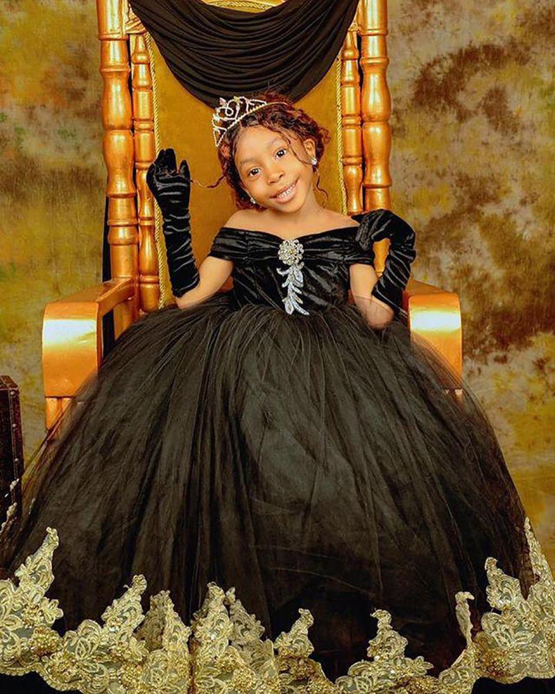 

Girl's Dresses Black Flower Girl Ball Gown Tulle Bow Lilttle Kids Birthday Pageant Weddding Gowns